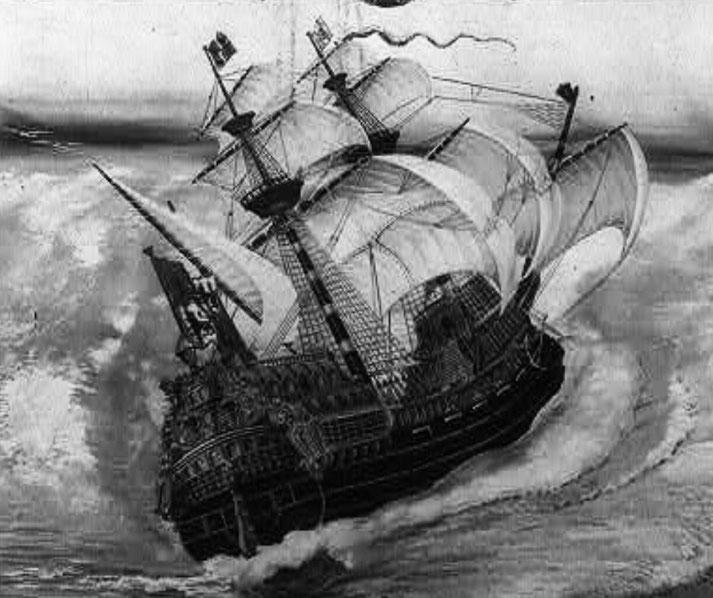 A detailed illustration of a large sailing ship navigating rough seas.