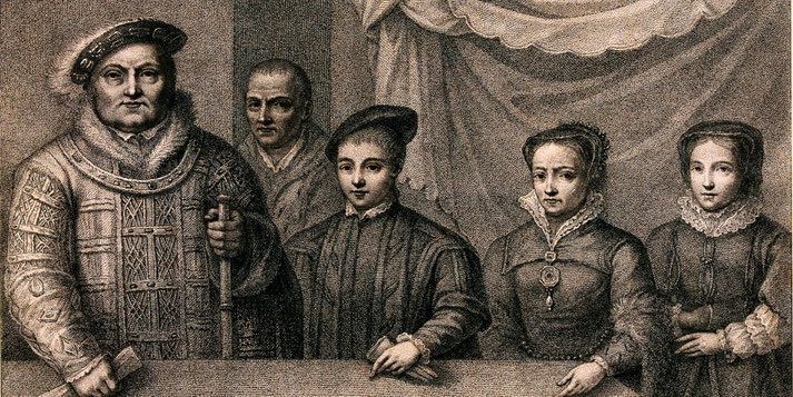 An engraving of a historical family portrait, featuring a stern-looking nobleman in ornate attire, three finely dressed children, and an attendant.