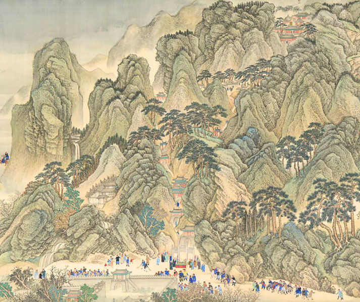 A traditional Chinese landscape painting depicting a mountainous scene with lush trees, temples, and groups of people traveling along winding paths.