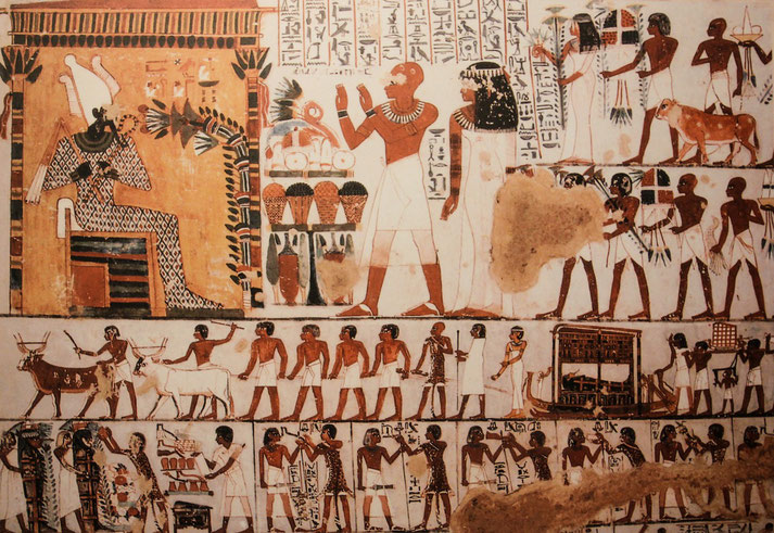 Ancient Egyptian wall painting shows a ceremonial procession with offerings, hieroglyphs, and figures in traditional dress.