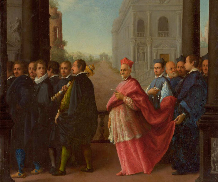 A cardinal in red robes leading a grand procession, accompanied by elegantly dressed attendants.