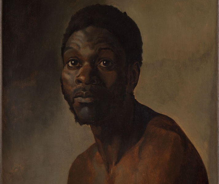 A realistic oil painting portrays a Black man with an intense gaze, his bare shoulders visible against a muted background. 