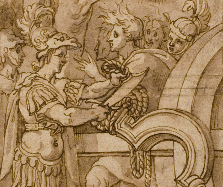 Alexander the Great cutting the Gordian Knot. He wears a plumed helmet and armor, wielding a sword, while onlookers react with surprise near an ornate chariot.