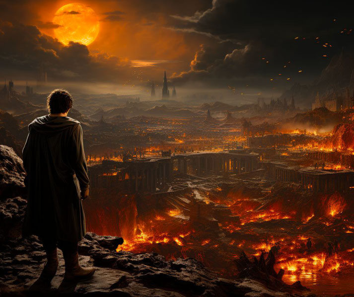 Emperor Nero overlooking the burnt ruins of Rome