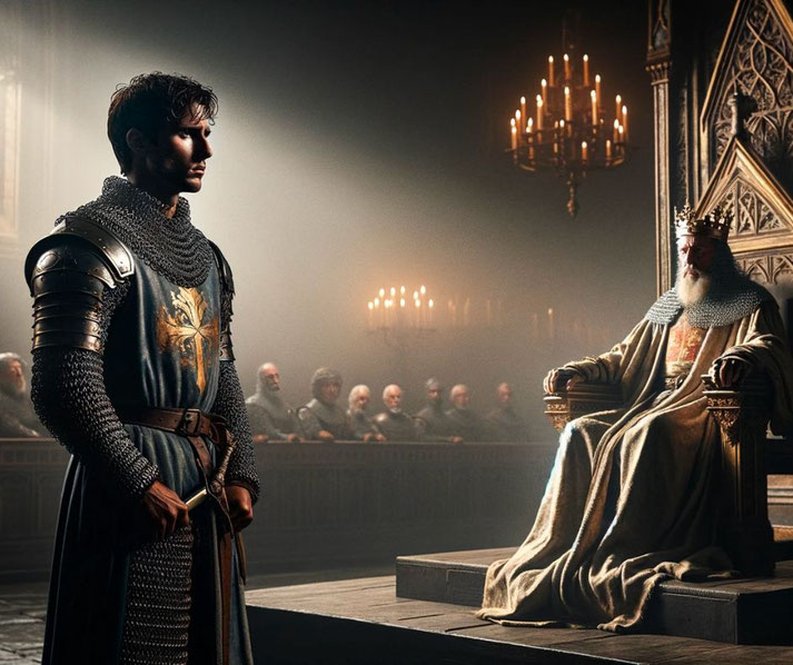 A noble knight in chainmail and armor standing before a crowned king on a grand throne.