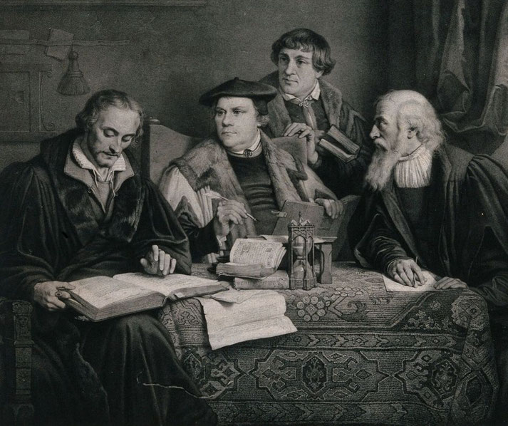 Four Protestant reformers translating the Bible. They are engaged in deep discussion, surrounded by books and an hourglass.