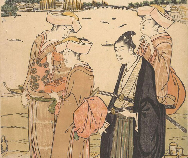 A traditional Japanese ukiyo-e print depicting a samurai with two swords conversing with three women in elegant kimonos and distinctive hats.