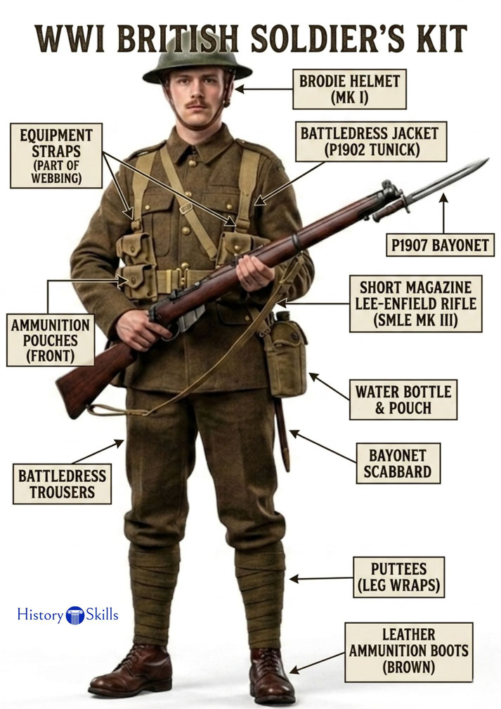 Infographic of a WWI British soldier in full field kit, with labels identifying helmet, tunic, rifle, bayonet, webbing, pouches, trousers, puttees, boots, and water bottle.