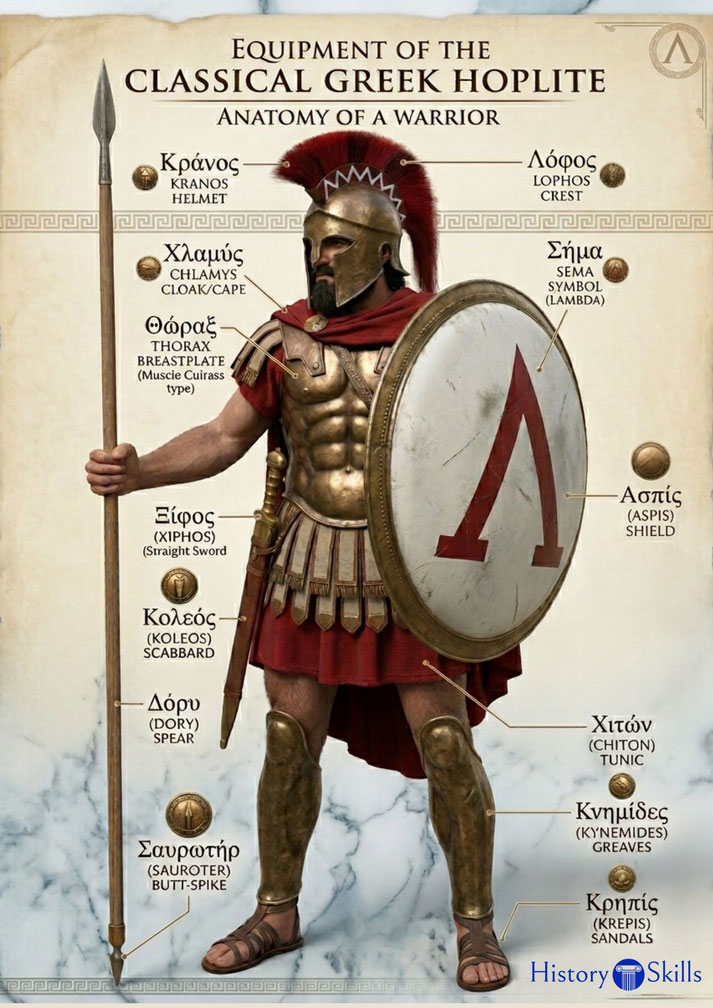 Educational infographic of a Classical Greek hoplite with labeled Greek and English terms for helmet, spear, shield, armor, sword, greaves, tunic, and sandals.