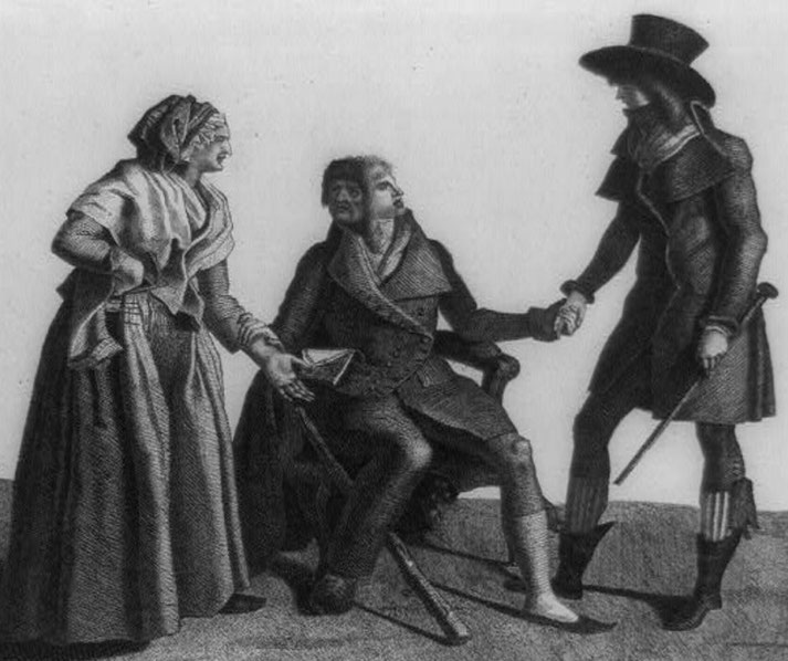 A seated man with a crutch shakes hands with a standing man while a woman offers a letter, suggesting a farewell or emotional moment.