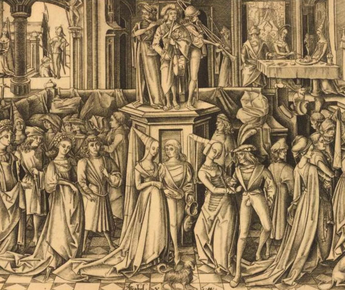 A noble gathering in a large hall shows couples dancing, guests talking, and musicians performing above the crowd.