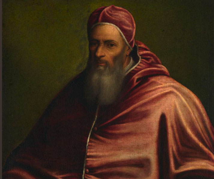 A Renaissance-style portrait of a bearded man wearing a red papal robe and cap. His expression is solemn, and the background is dark.