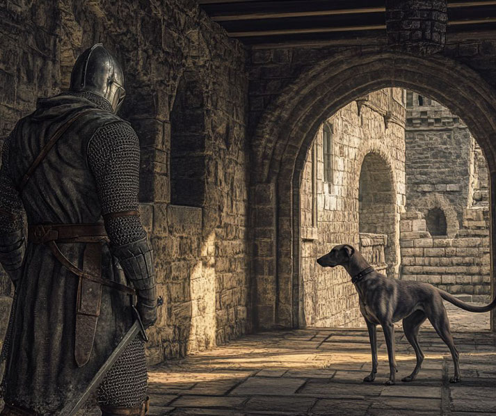 A medieval knight in chainmail and a helmet stands in a stone corridor, sword in hand, facing a sleek greyhound illuminated by sunlight streaming through an arched passageway.