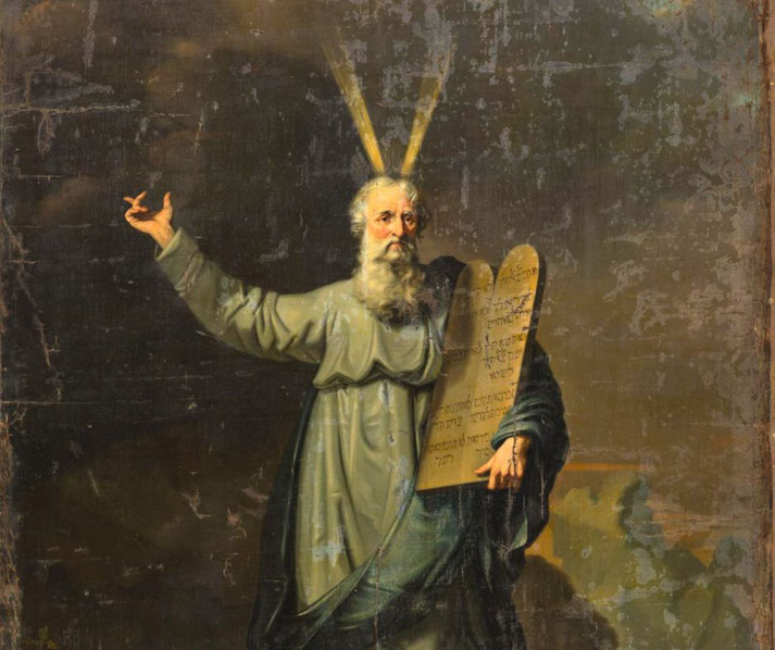 Depicts a full‑length Moses on Mount Sinai holding the stone tablets in one hand and gesturing skyward with the other, light radiating from his head.