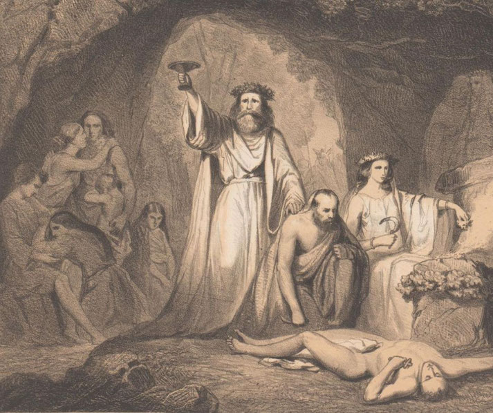 Druids prepare to sacrifice a Christian man, depicting a ritualistic scene with religious tension.