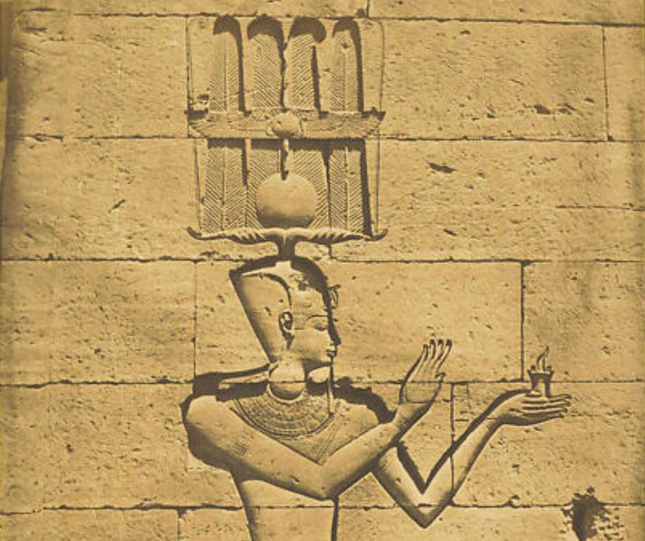 Salted paper print by Maxime Du Camp capturing a bas-relief of Ptolemy Caesarion at the Temple of Kalabsha, Egypt.