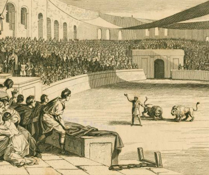 An illustration of an ancient Roman amphitheater shows a large crowd watching a dramatic performance with lions in the arena, as spectators react with excitement and anticipation.
