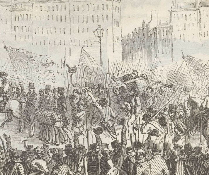 Detailed engraving depicts the 1848 February Revolution in France, showing a large crowd of revolutionaries waving flags, carrying weapons, and overturning a carriage in a chaotic urban uprising.