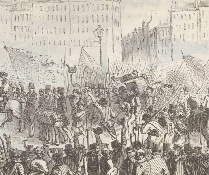 Detailed engraving depicts the 1848 February Revolution in France, showing a large crowd of revolutionaries waving flags, carrying weapons, and overturning a carriage in a chaotic urban uprising.