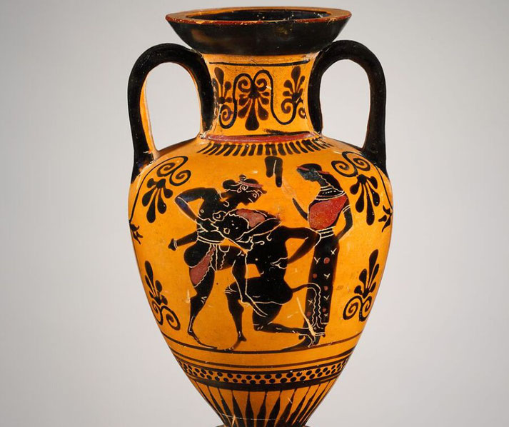 Attic black-figure amphora depicting Theseus slaying the Minotaur and Herakles battling an Amazon