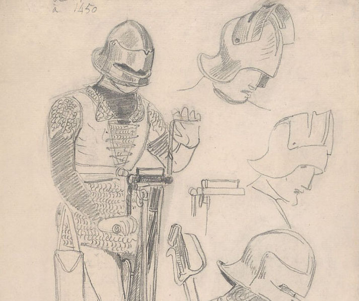A sketch of a medieval knight, featuring various views of a helmet and armor from around 1450.
