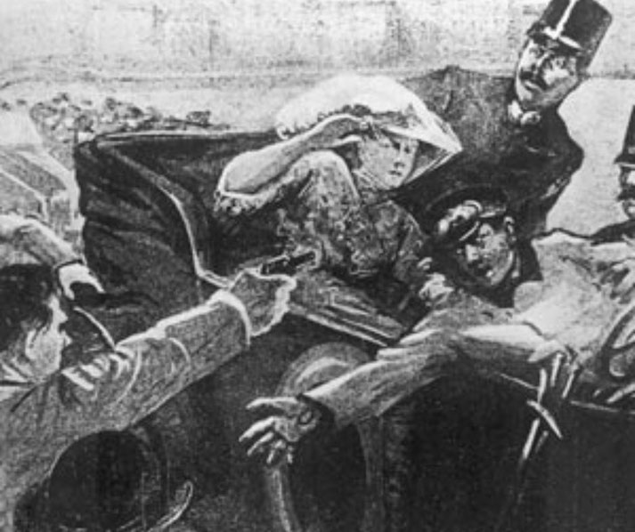 The assassination of Archduke Franz Ferdinand in 1914. A gunman aims at the archduke and his wife in their car, while others react in shock.