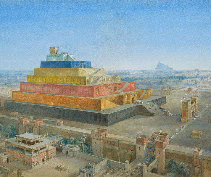 A colorful artistic reconstruction of a massive stepped ziggurat within a walled ancient Mesopotamian city, surrounded by gates, buildings, and distant structures.