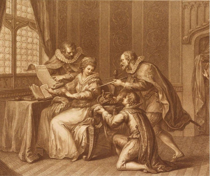 A historical engraving depicts a regal woman seated as noblemen present her with a crown and documents.