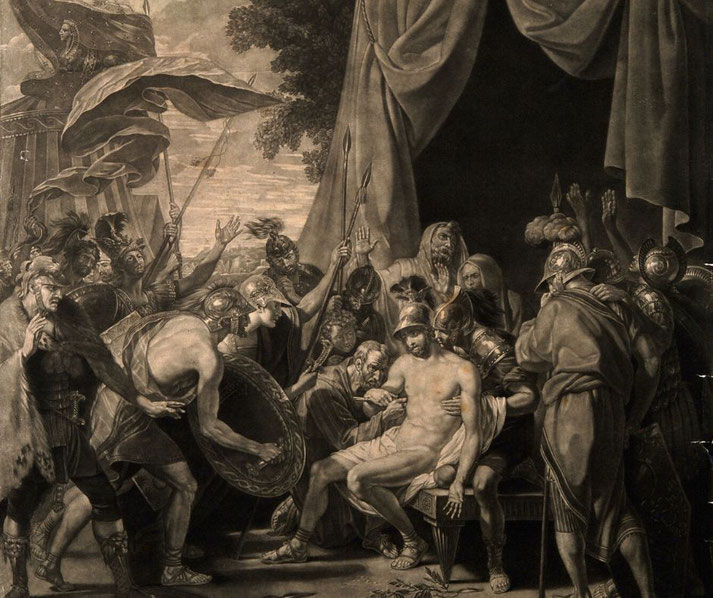 Monochrome classical scene with soldiers mourning a fallen warrior, surrounded by spears, cloaks, and expressive gestures.