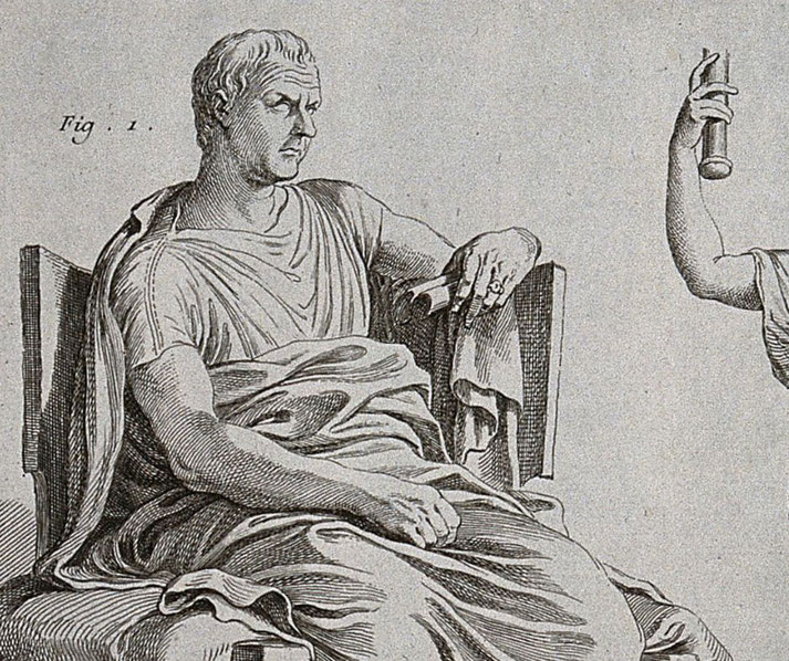 Etching of a seated Roman man in a toga, holding a scroll and gazing sternly, symbolizing authority and wisdom.