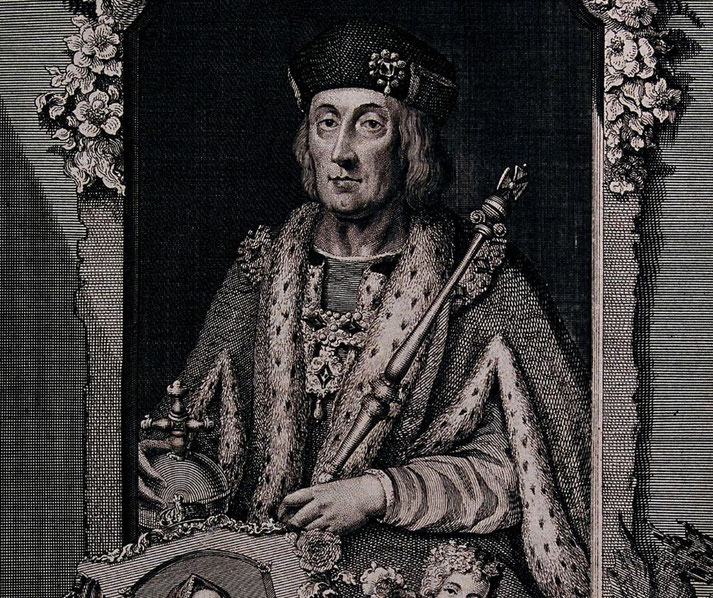 A detailed black and white engraving of a crowned monarch in regal attire, holding a scepter and orb.