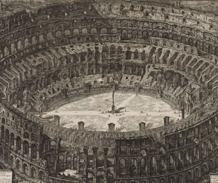 The Colosseum in a ruined state, with crumbling arches and an open arena.