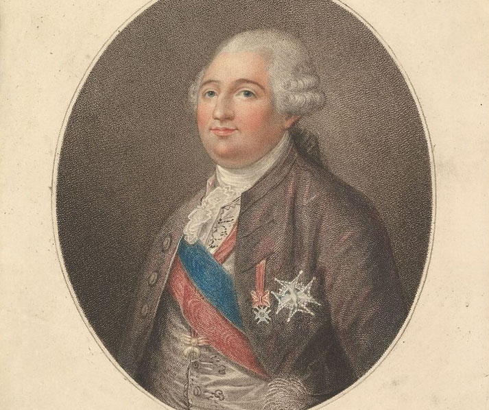 An oval-framed portrait of Louis XVI, wearing a powdered wig, a sash, and royal decorations.