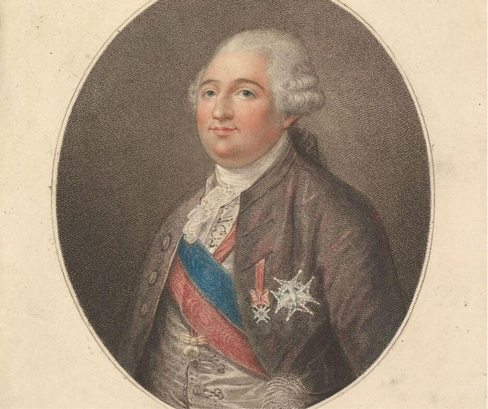 An oval-framed portrait of Louis XVI, wearing a powdered wig, a sash, and royal decorations.