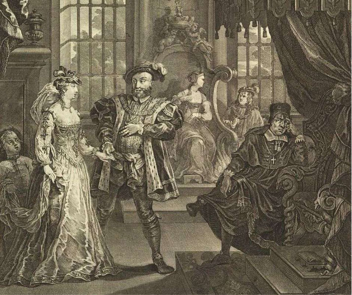 A detailed historical engraving depicting a royal court scene. A king in elaborate attire holds a noblewoman’s hand, while a solemn cleric sits nearby.