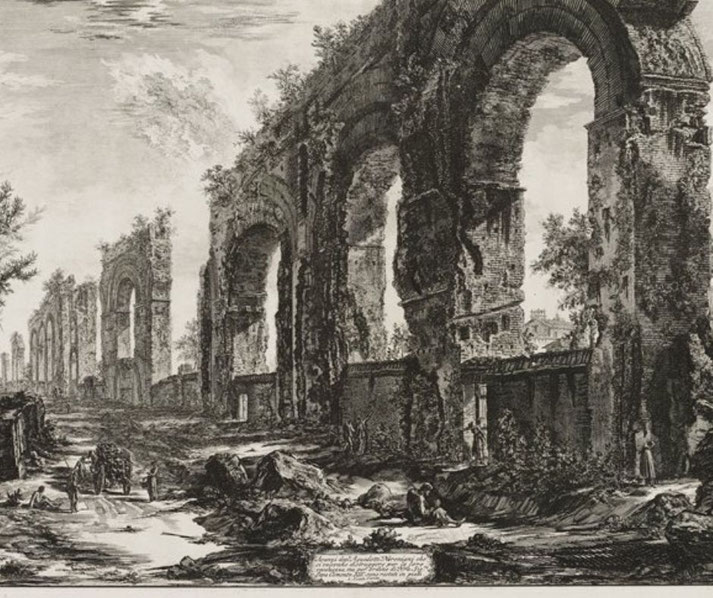 Etching of crumbling ancient Roman aqueducts towering over a rugged path, with small human figures and vegetation scattered below.