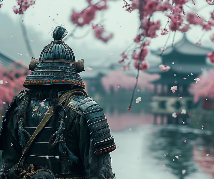 Samurai warrior in cherry blossom trees