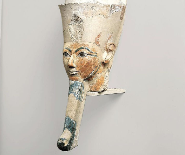 Limestone head of Hatshepsut wearing the Double Crown, from a temple niche at Deir el-Bahri.