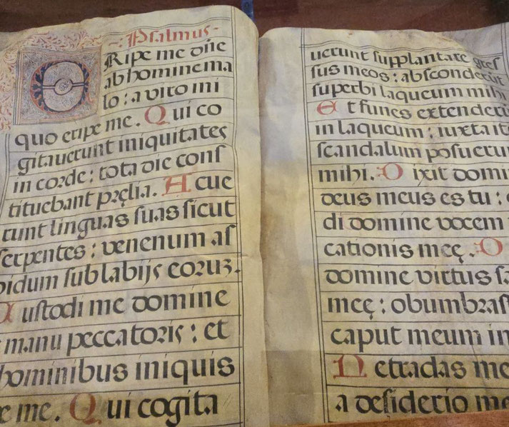 An illuminated medieval manuscript with Latin text in black and red ink, featuring large decorative initials and careful calligraphy, likely part of a religious text or psalter.