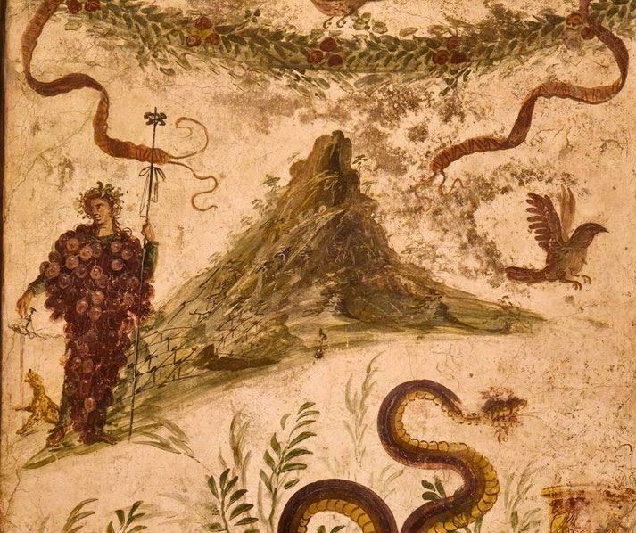 Fresco of a figure in a grapevine robe with a staff, near a mountain, surrounded by birds, a leopard, greenery, and a large snake at the bottom.