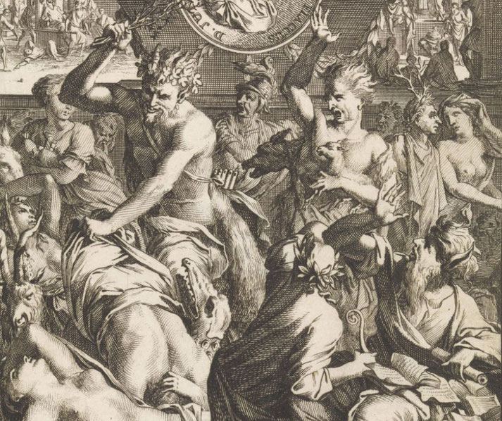 A chaotic mythological scene with aggressive figures, laurel wreaths, and wild expressions, suggesting a ritual or frenzied celebration involving gods or satyrs.