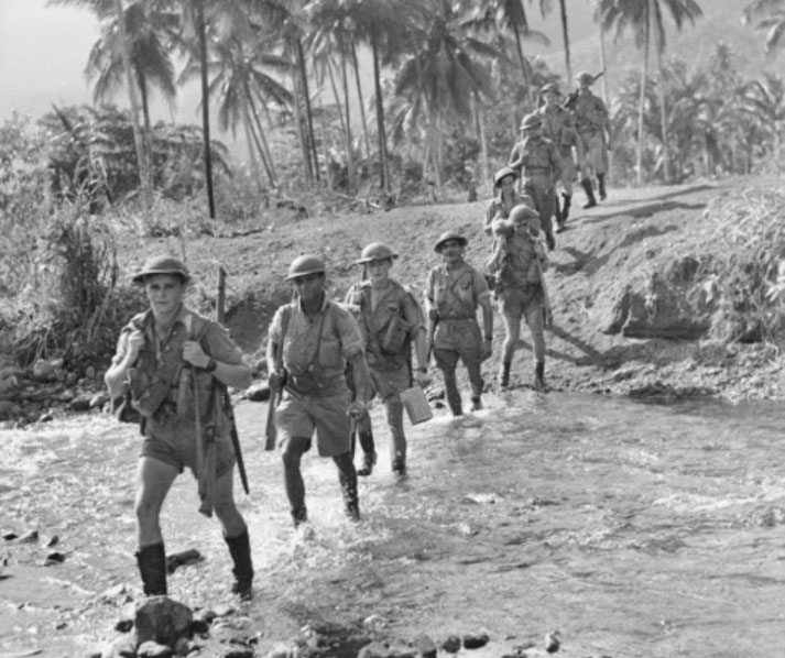A group of soldiers in uniform wade through a shallow stream in a tropical setting, surrounded by palm trees.