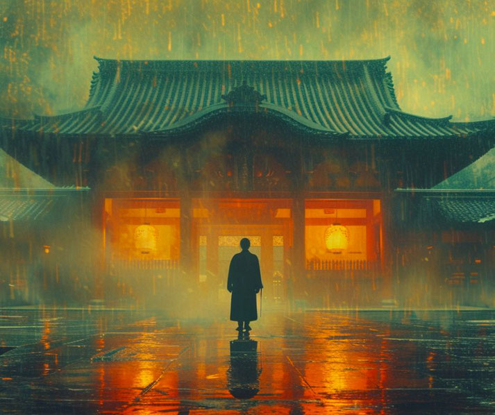 Silhouette of Japanese samurai at a temple in the rain