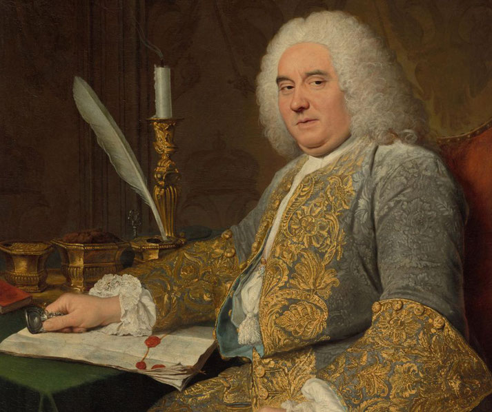 An 18th-century man with white wig and embroidered coat sits at a desk with a quill, wax seal, and papers.