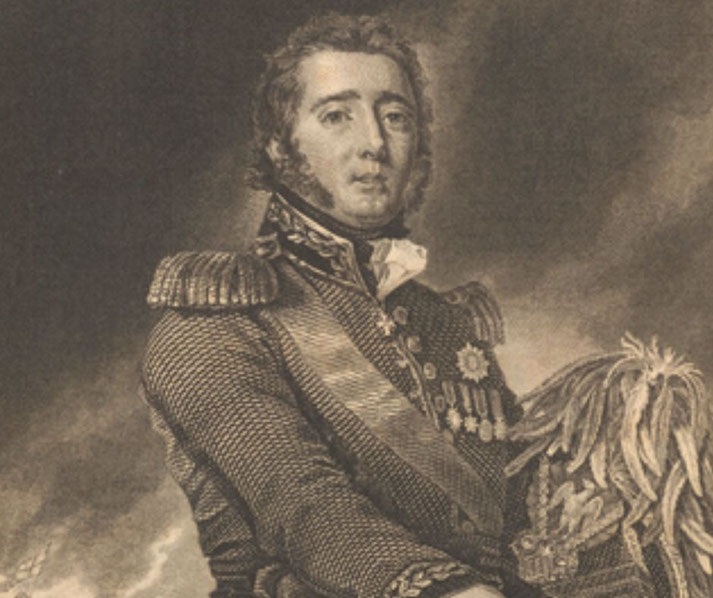 A historical portrait of a distinguished military officer in an ornate uniform with epaulets, medals, and a sash. He has wavy hair, sideburns, and a confident expression, holding a feathered hat.