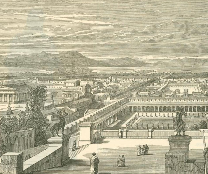 Detailed illustration of an ancient Roman city with temples, columns, courtyards, statues, and distant mountains under a lined sky.