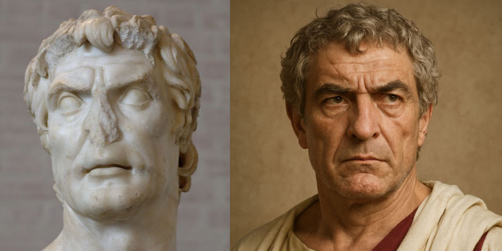 A side-by-side image showing a damaged marble bust with stern features next to a digitally created man in Roman attire with a similar intense expression.