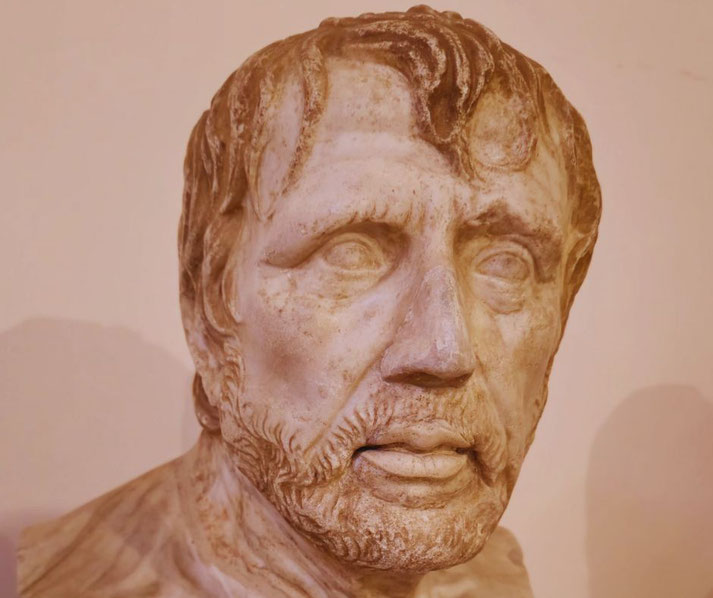 Marble bust of a middle-aged man with a furrowed brow, detailed beard, and parted lips, capturing a thoughtful and expressive gaze.