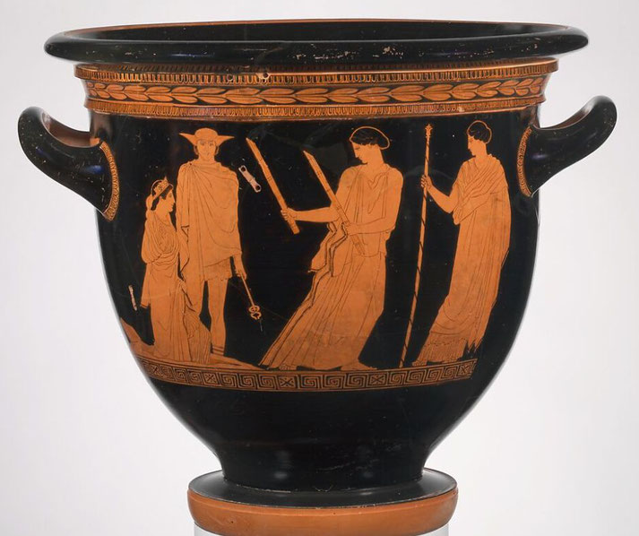 An ancient Greek red-figure vase depicts Persephone’s ascent from the underworld, guided by Hermes. 