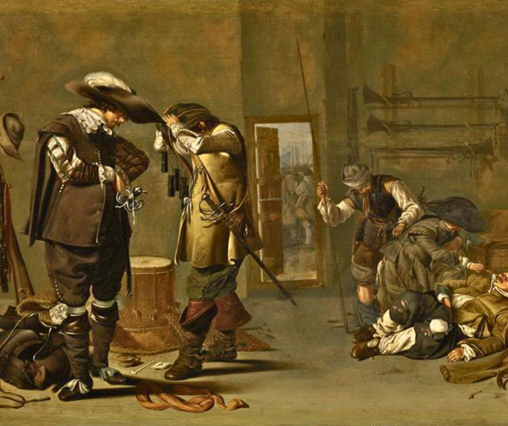 Soldiers arming themselves in a dimly lit room. One bows before an officer, while others prepare weapons. A man searches a fallen soldier, hinting at looting or aftermath of battle.